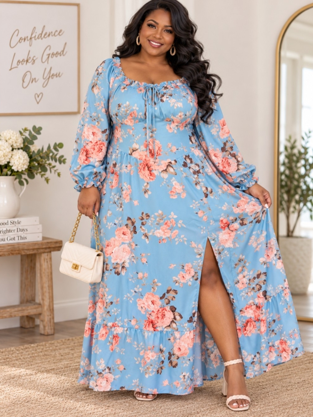 🔥Blue Floral Off-Shoulder Maxi Dress with Peach Roses, Size XXL